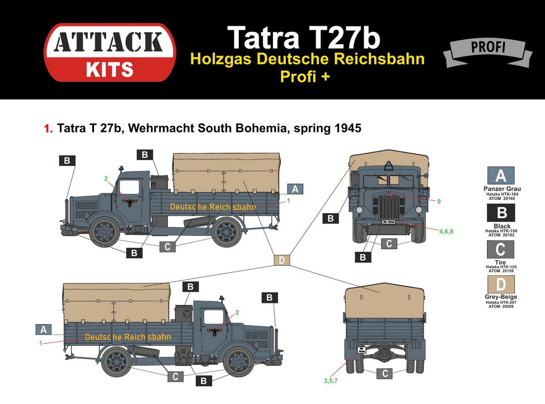 Attack Kits 72994 1:72 Tatra T27b Holzgas Deutsche Reichsbahn. includes cast details (wood gas gear), 3D printed parts (canvas, fire wood box)