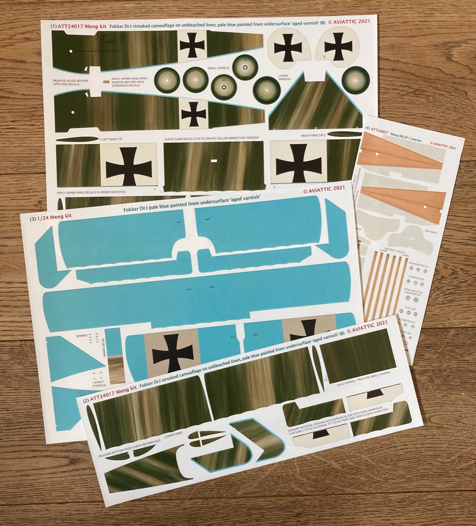 Aviattic ATT24017 1:24 Fokker Dr.I Triplane streaked camouflage on unbleached linen 'aged varnish', blue paint on linen under surfaces (C)