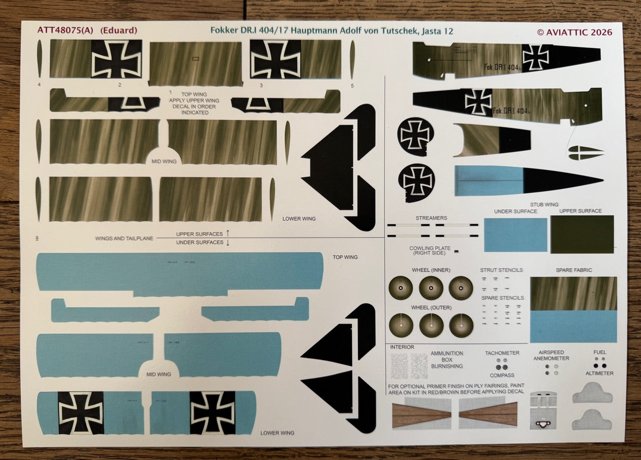 Aviattic ATT48075A 1:48 Fokker DR.I 404/17 Haupt. Adolf Ritter von Tutschek, Jasta 12