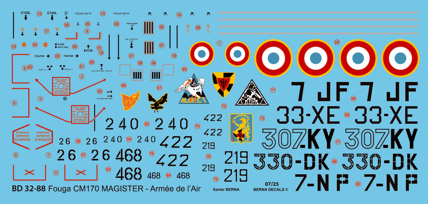 Berna Decals BD32-88 1:32 Fouga CM170 Magister Armee de l'air (For the Daco kit)
