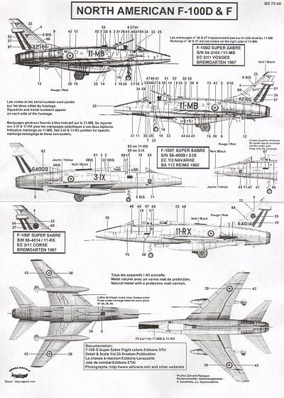 Berna Decals BD72-40 1:72 F-100D Super Sabre French 11-MB F-100F Super Sabre 11-RX, 3-IX (3 schemes)
