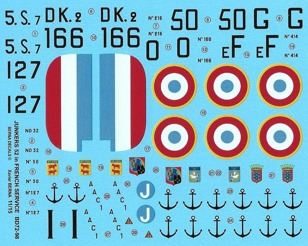 Berna Decals BD72-98 1:72 Junkers Ju-52/3m (AAC-1 'Toucan') French Navy & Air Force