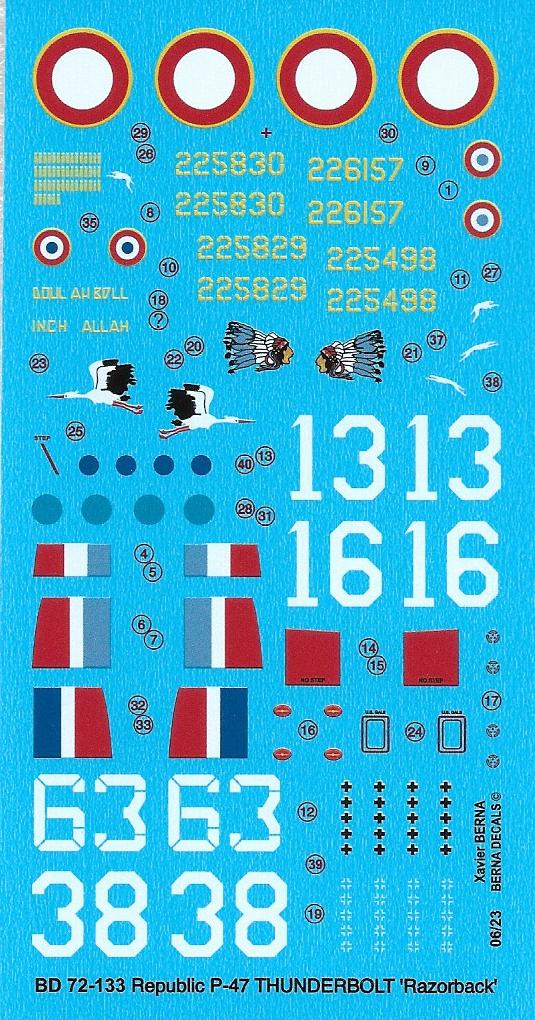 Berna Decals BD72-133 1:72 P-47D Thunderbolt Razorback French 1944-45 (4 schemes)