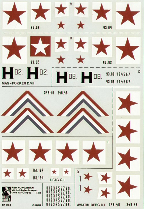 Blue Rider BR-204 1:72 1919 Red Hungarian Air Corps. Includes Fokker D.VII x 6 and Aviatik-Berg D.I x 3