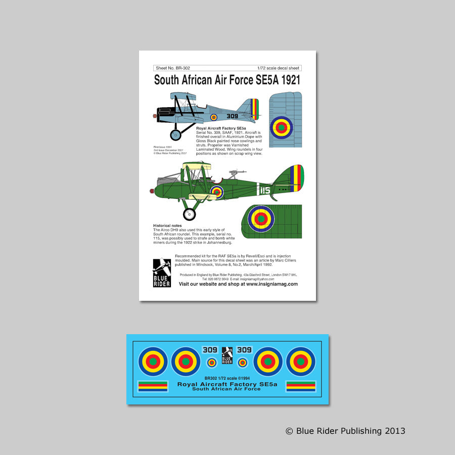 Blue Rider BR-302 1:72 South African Air Force Royal Aircraft Factory S.E.5A No 309 1921