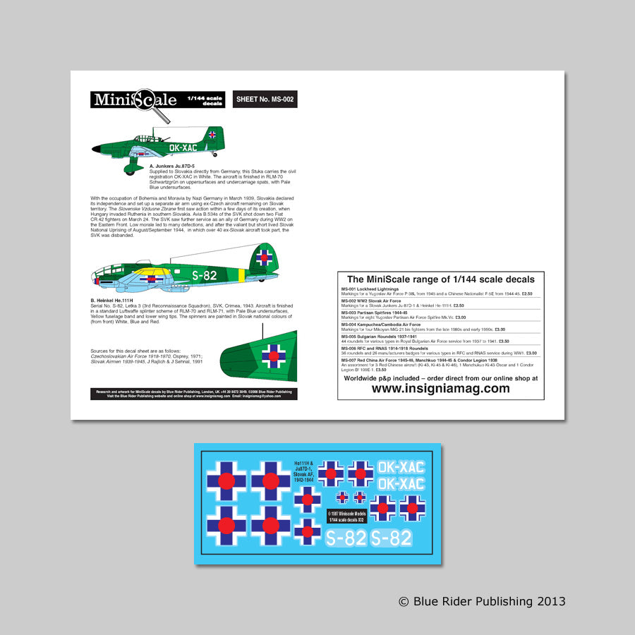 Blue Rider BR-MS002 1:144 WWII Slovak Air Force Junkers Ju-87D-1 'Stuka' , Heinkel He-111H