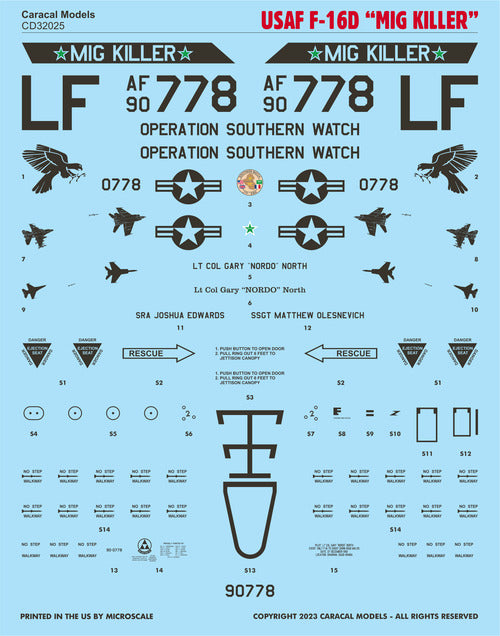 Caracal Models CD32025 1:32 USAF Lockheed-Martin F-16D Fighting Falcon 'Mig Killer' decal sheet