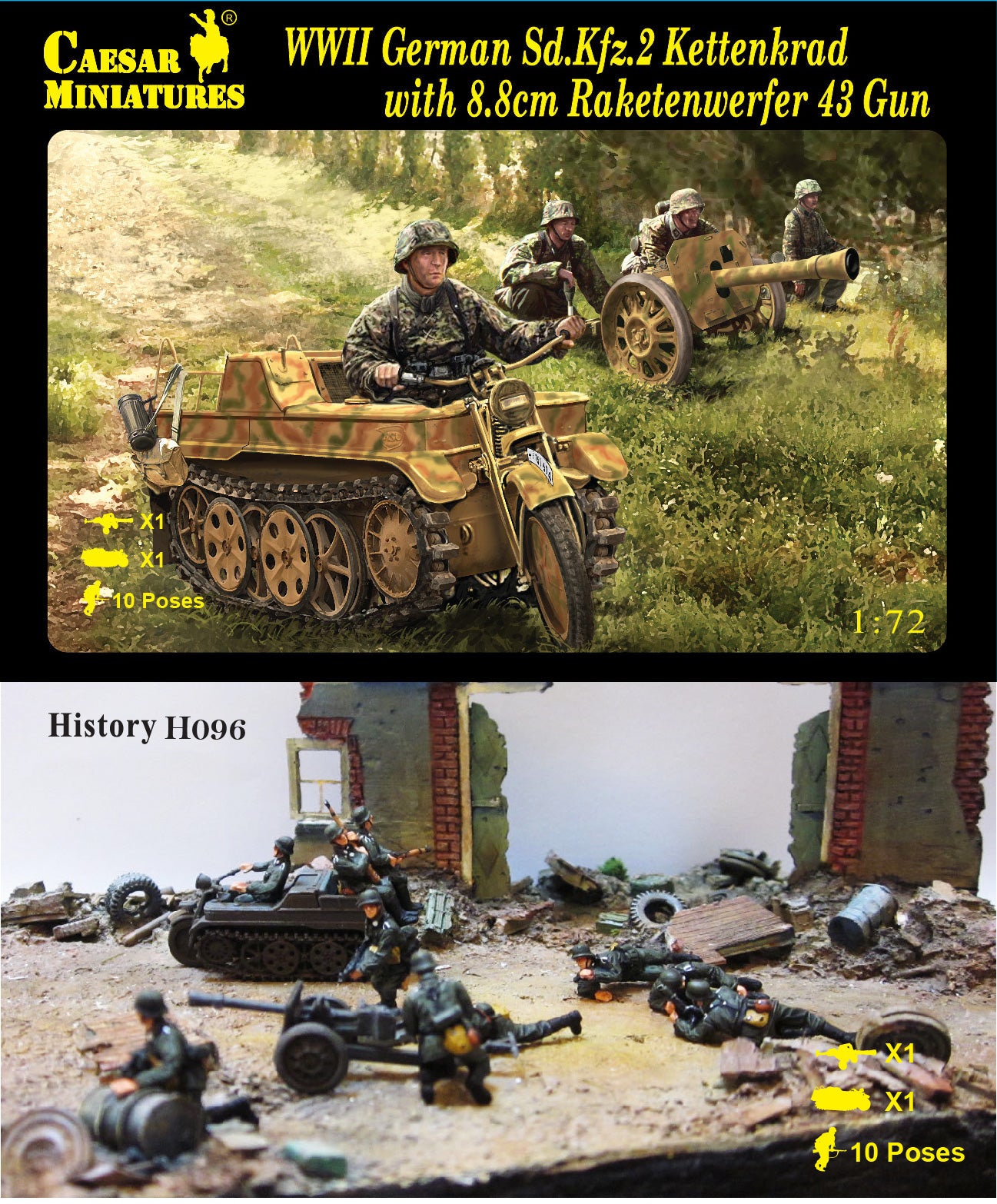 Caesar Miniatures H096 1:72 Sd.Kfz.2 Kettenkrad with 8.8cm Raketenwerfer 43 Gun