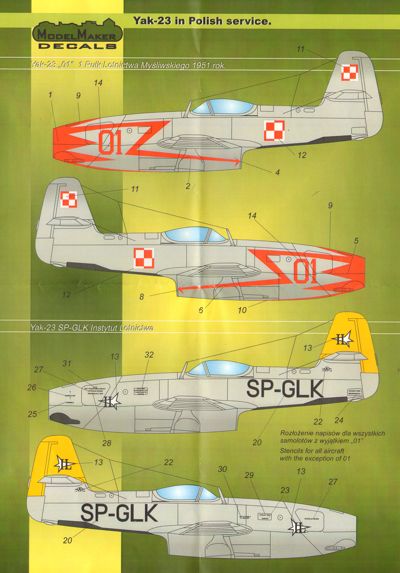 Model Maker Decals D72019 1:72 Yakovlev Yak-23 in Polish Service