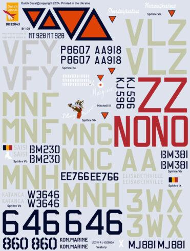 Dutch Decal 32043 1:32 Dutch and Belgian Spitfires RAF WWII. Mitchell III 320 Sqn RAF. Bf 108 RNEIAAF.