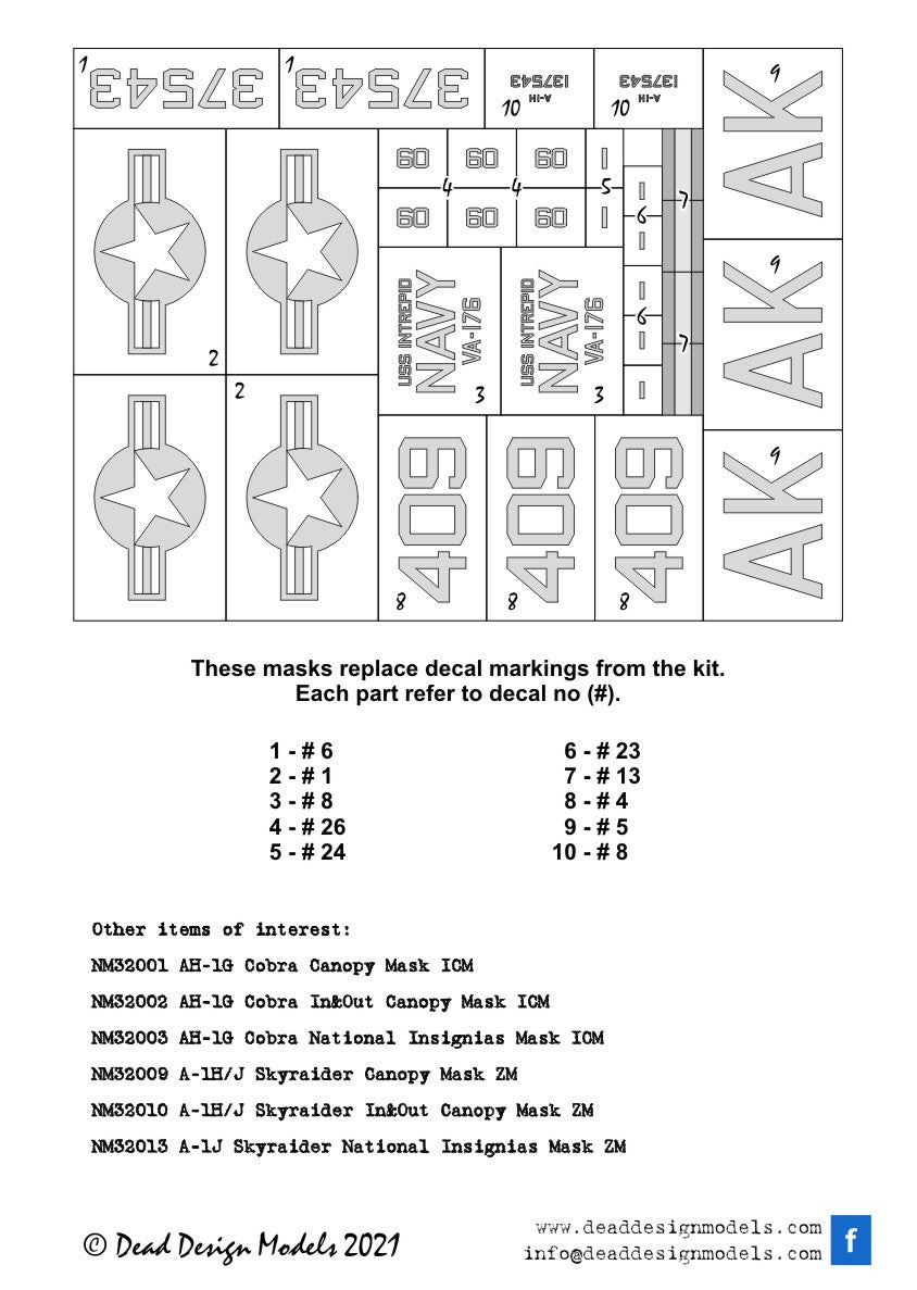 Dead Design Models NM32012 1:32 Douglas A-1H Skyraider National Insignia paint masks and USN markings