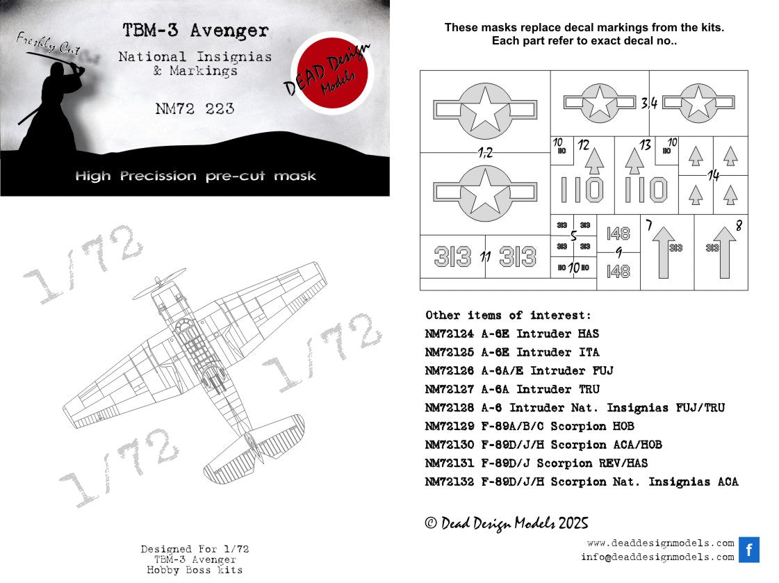 Dead Design Models NM72223 1:72 Grumman TBM-3 Avenger National Insignia paint masks
