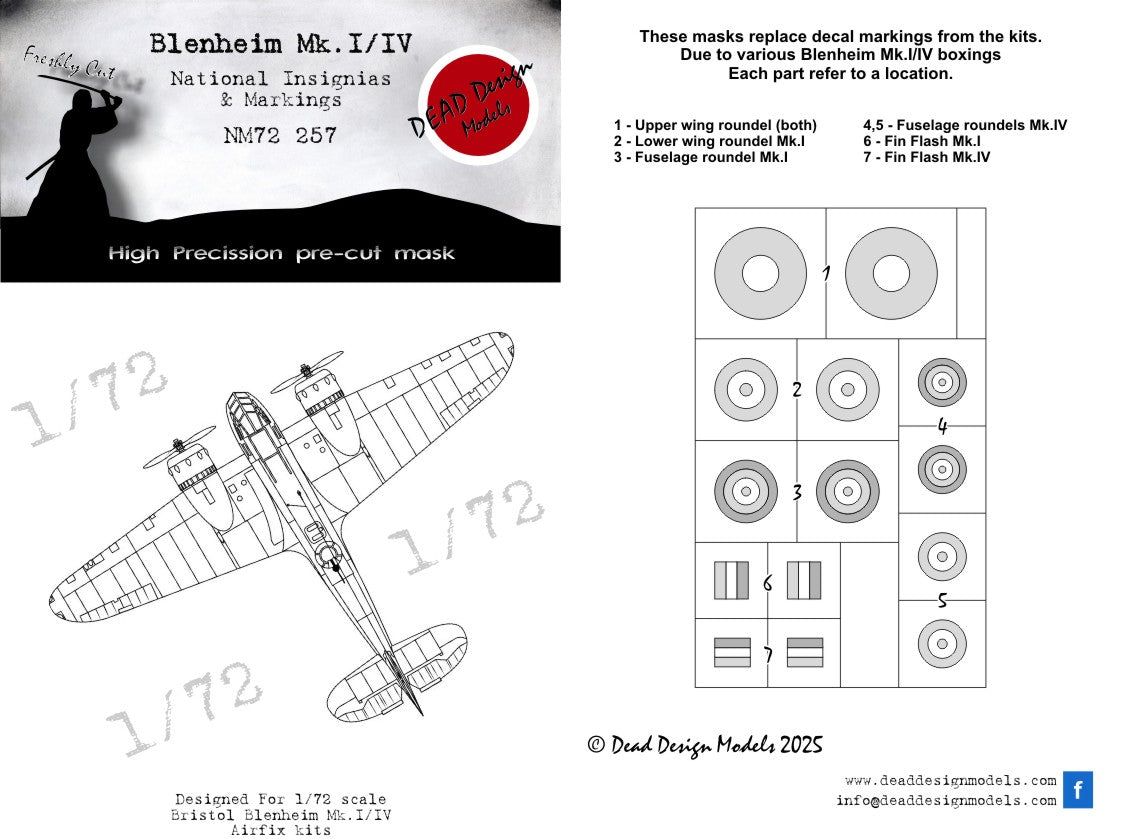 Dead Design Models NM72257 1:72 Bristol Blenheim Mk.I/Mk.IV National Insignia paint masks