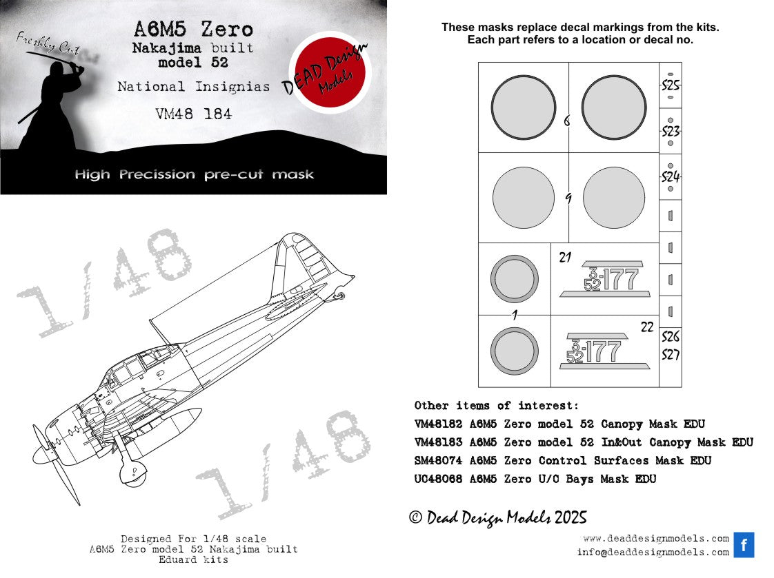 Dead Design Models VM48184 1:48 Mitsubishi A6M5 model 52 Nakajima National Insignia paint masks