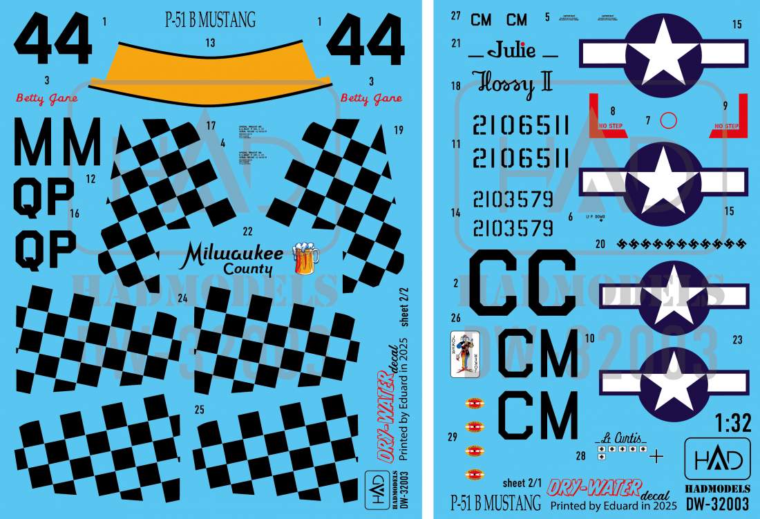 HAD Models DW-32003 1:32 North-American P-51B Mustang DRY-WATER decals