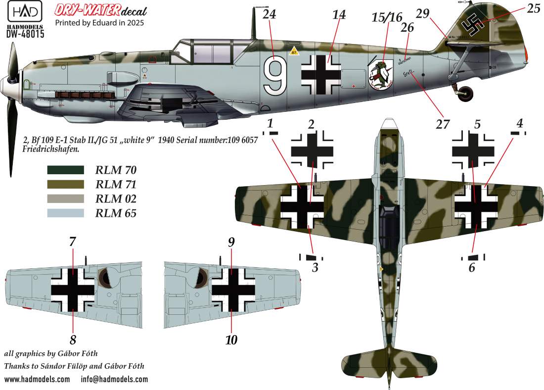 HAD Models DW-48015 1:48 Messerschmitt Bf-109E-1; Bf-109E-2; Bf-109E-3 DRY-WATER decals ( Printed by Eduard)