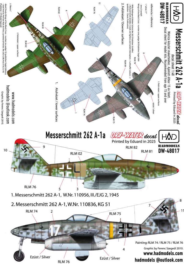 HAD Models DDW-48017 1:48 Messerschmitt Me-262A-1 (Luftwaffe black L, white 17) DRY-WATER decals ( Printed by Eduard)