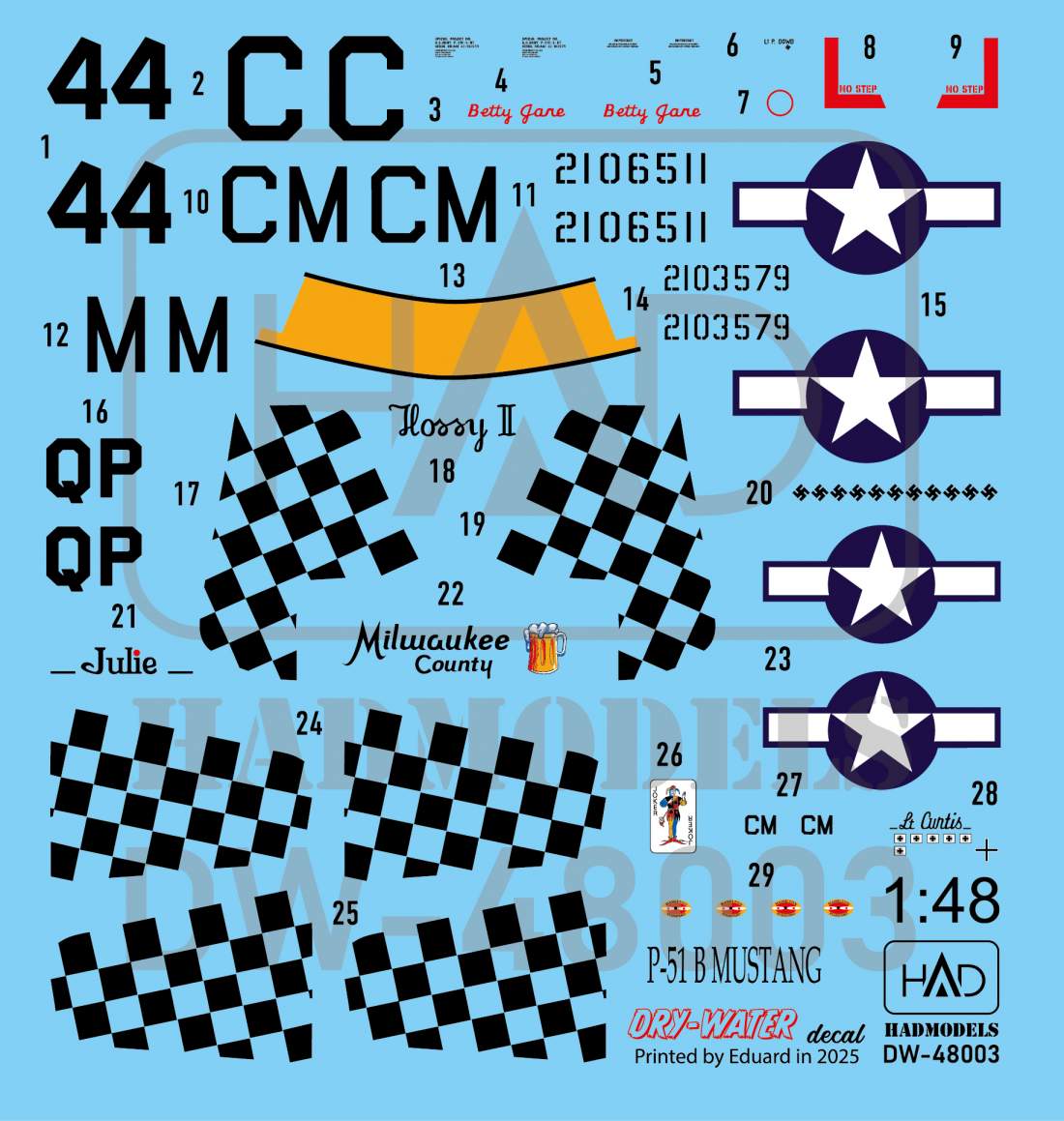 HAD Models DW-72003 1:72 North-America P-51B Mustang DRY-WATER decals ( Printed by Eduard)
