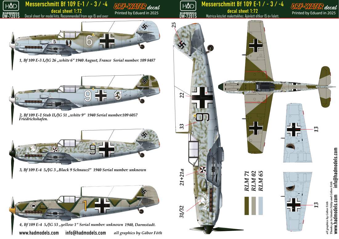 HAD Models DW-72015 1:72 Messerschmitt Bf-109E-1; Bf-109E-2; Bf-109E-3 DRY-WATER decals ( Printed by Eduard)