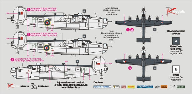 DK Decals 144001 1:144 Consolidated Liberator GR.VI of No.311 (Czechoslovak) Sq. RAF (3 camouflage schemes)
