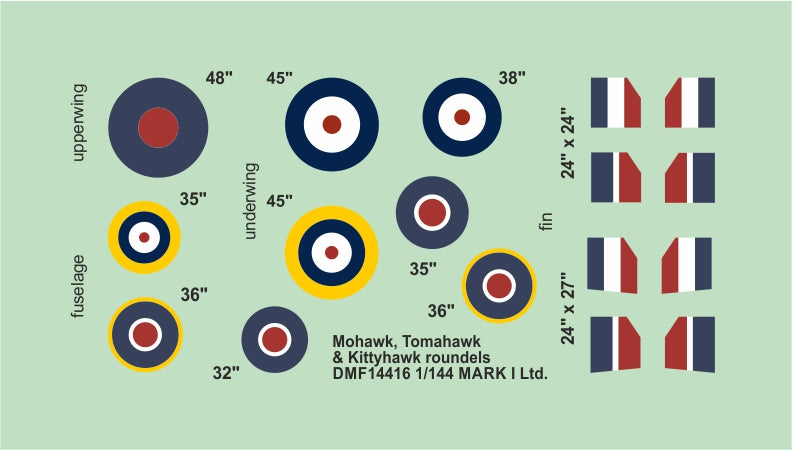Mark I Decals DMF14416 1:144 Mohawk, Tomahawk & Kittyhawk roundels & fin flashes, 2 setsi