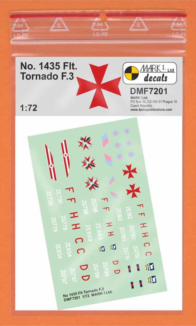 Mark I Decals DMF7201 1:72 No.1435 Flt. Panavia Tornado F.3No.1435 Flt. Tornado F.3Tornado F.3s, based at RAF Mount Pleasant, provide air defence for the Falkland Islands, South Georgia and the South Sandwich Islands.Decals for the followin