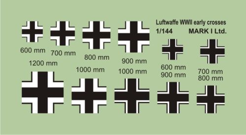 Mark I Decals DMK14421 1:144 Luftwaffe/German Crosses (Balkenkreuz) early type (size 600, 700, 800, 900, 1000, 1200 mm), 2 sets