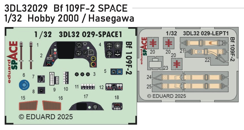 Eduard 3DL32029 1:32 Messerschmitt Bf-109F-2 SPACE - 3D-printed waterslide instrument decals and etched seat-belts