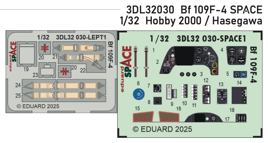 Eduard 3DL32030 1:32 Messerschmitt Bf-109F-4 SPACE - 3D-printed waterslide instrument decals and etched seat-belts
