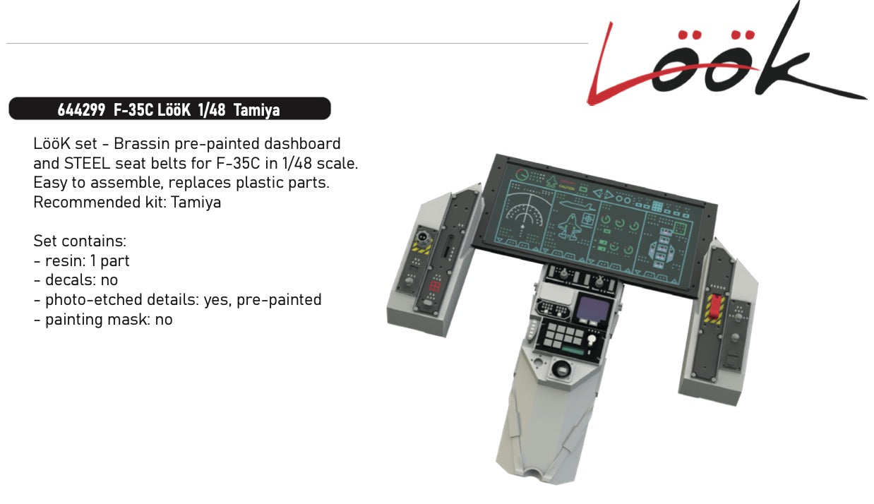Eduard Brassin 644299 1:48 Lockheed-Martin F-35C Lightning LööK set - Brassin pre-painted dashboard and STEEL seatbelts for F-35C.