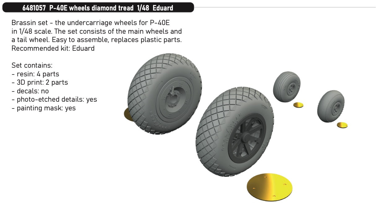 Eduard Brassin 6481057 1:48 Curtiss P-40E Warhawk main wheels with diamond tread pattern tyres and tail wheel