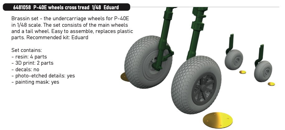 Eduard Brassin 6481058 1:48 Curtiss P-40E Warhawk main wheels with cross tread pattern tyres and tail wheel