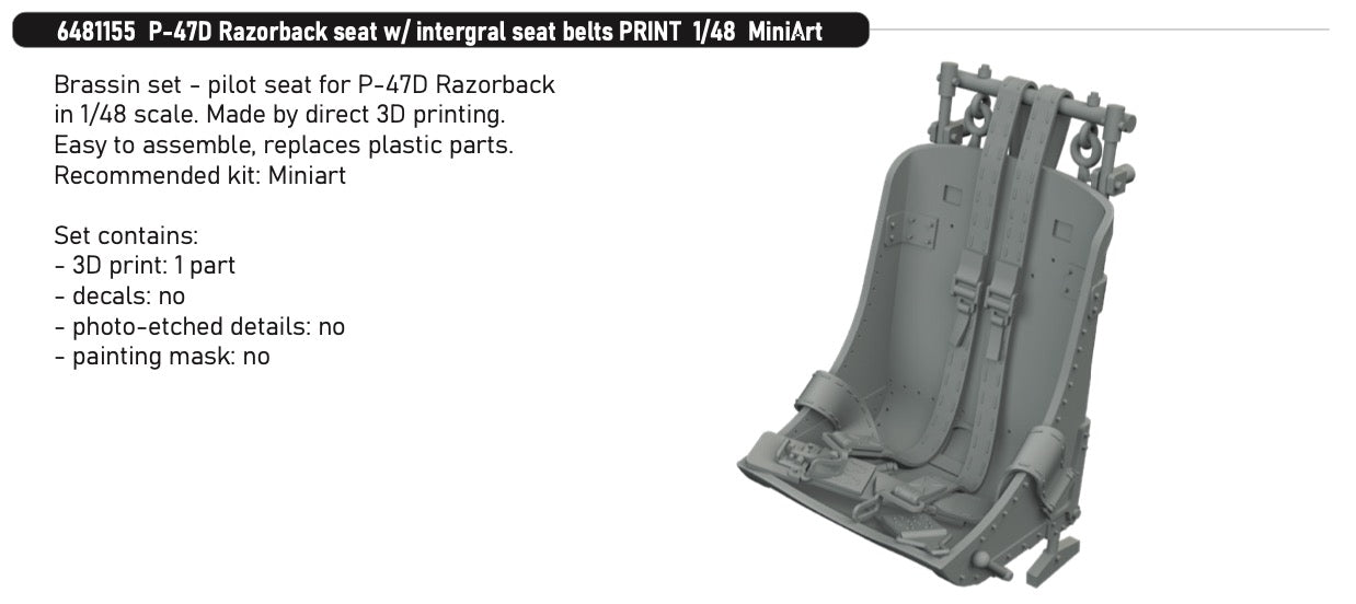 Eduard Brassin 6481155 1:48 Republic P-47D Thunderbolt Razorback seat with integral seat belts