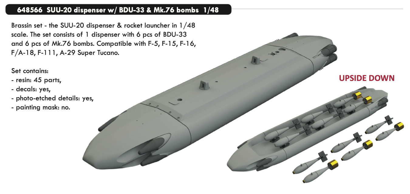 Eduard Brassin 648566 1:48 SUU-20 dispenser with BDU-33 & Mk.76 bombs