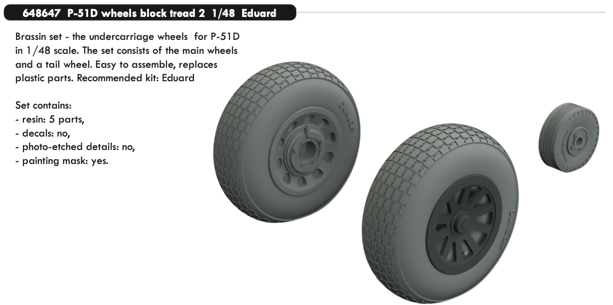 Eduard Brassin 648647 1:48 North-American P-51D Mustang wheels with weighted tyre effect block tread 2
