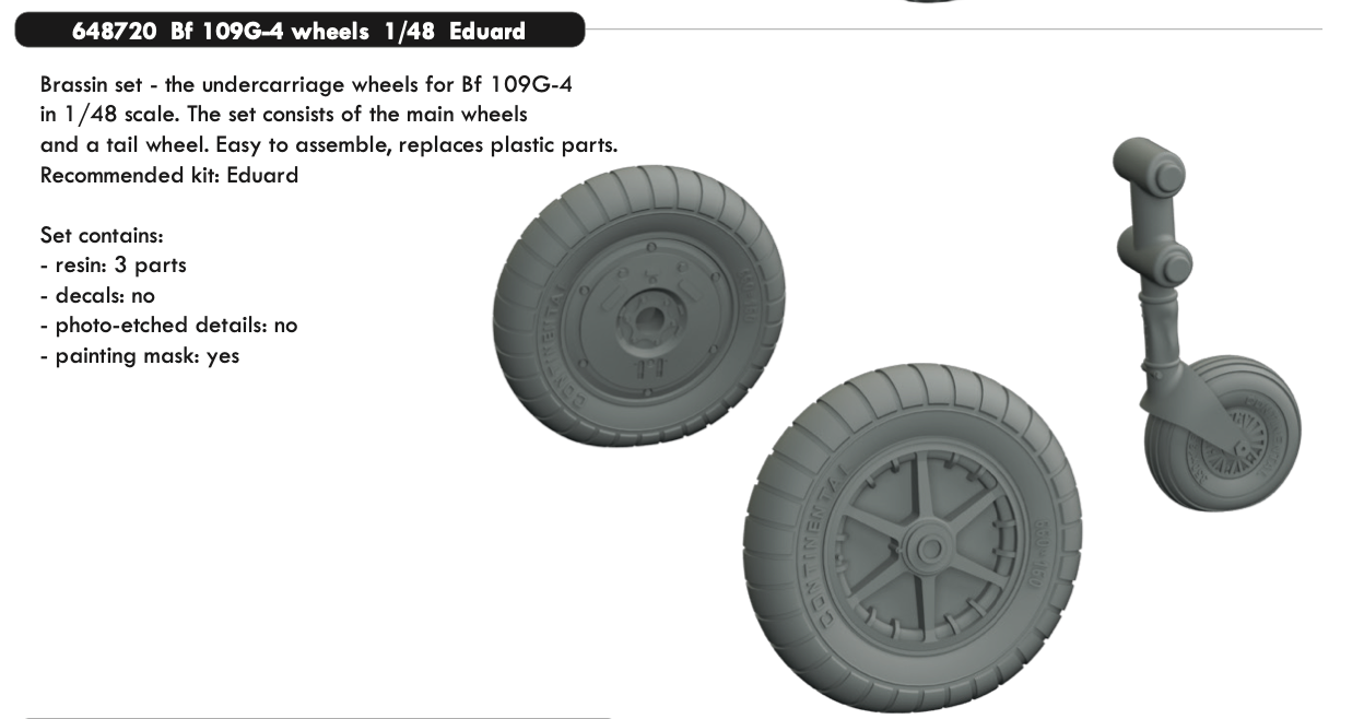 Eduard Brassin 648720 1:48 Messerschmitt Bf-109G-4 wheels with weighted tyre effect