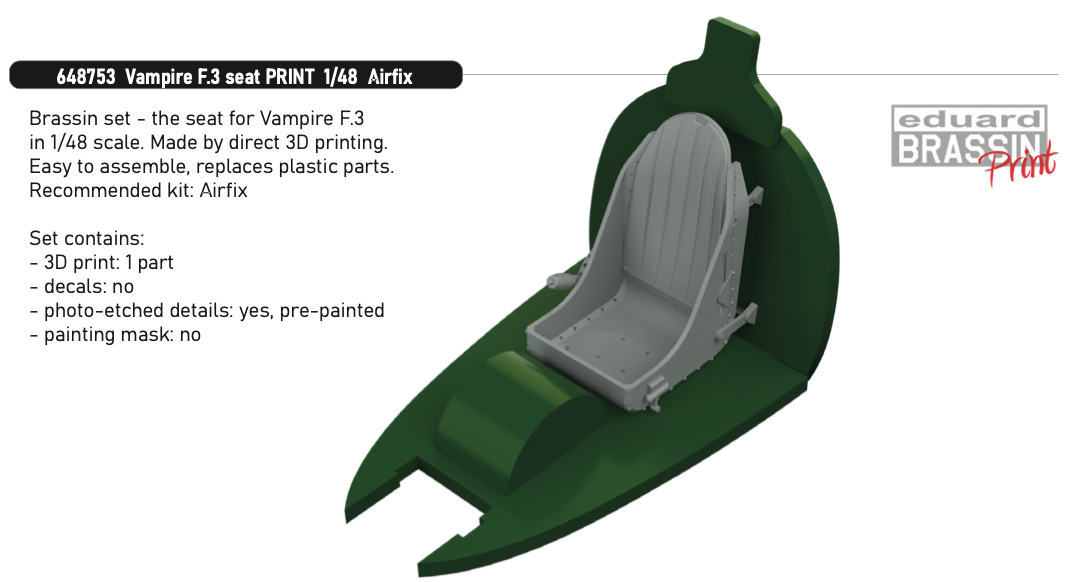 Eduard Brassin 648753 1:48 de Havilland Vampire F.3 seat to be used with Airfix