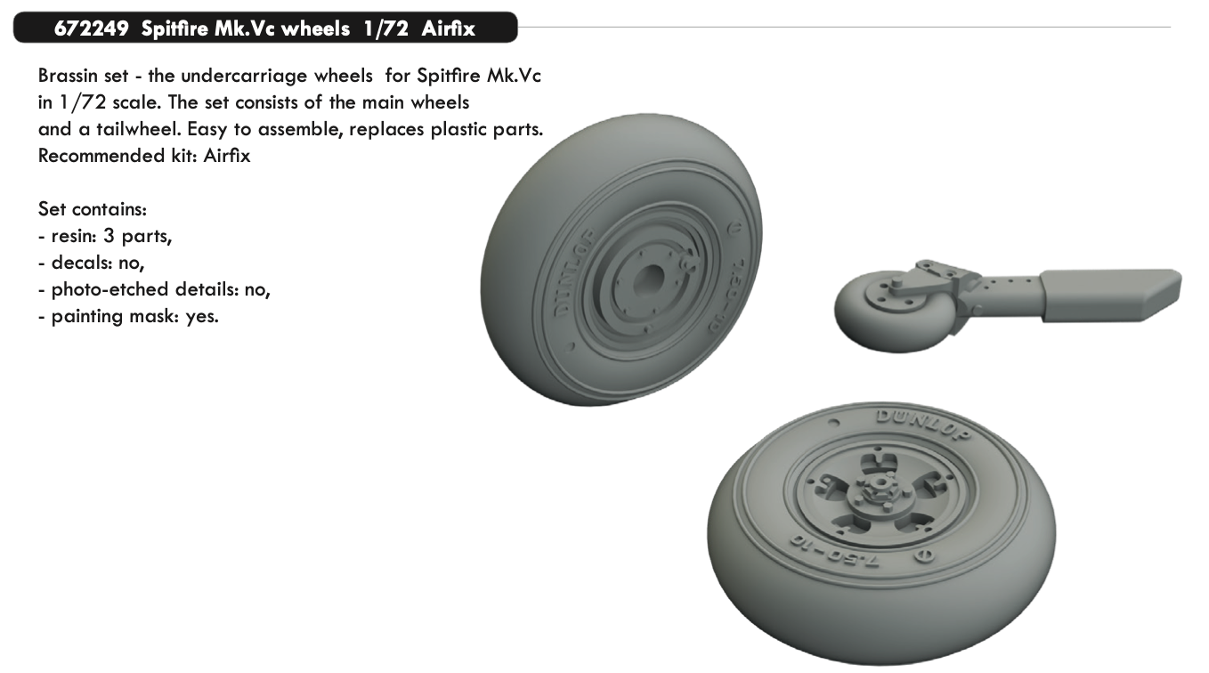 Eduard Brassin 672249 1:72 Spitfire Mk.Vc wheels with weighted tyre effect to be used with Airfix