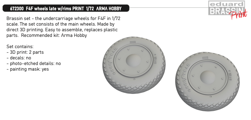 Eduard Brassin 672300 1:72 Grumman F4F wheels late w/rims 3D-printed