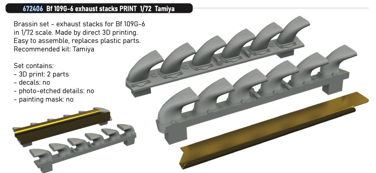 Eduard Brassin 672406 1:72 Messerschmitt Bf-109G-6 exhaust stacks 3D-Printed