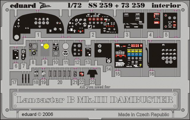 Eduard SS259 1:72 Avro Lancaster B.I/III 'Dambuster' interior to be used with Hasegawa