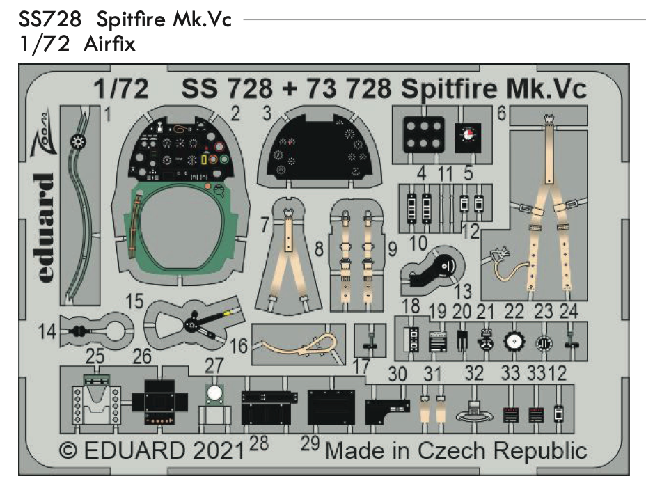 Eduard SS728 1:72 Spitfire Mk.Vc cockpit details to be used with Airfix