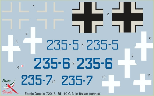Exotic Decals ED72018 1:72 First heavy night fighters in Italian service – Bf 110C-3 in Regia Aeronatica