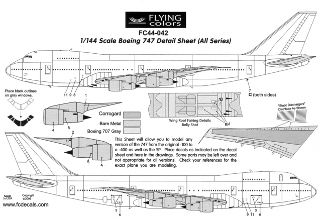 Flying Colors FC44042 1:144 Boeing 747 Detail sheet. Inc windows, windshield, doors, logos