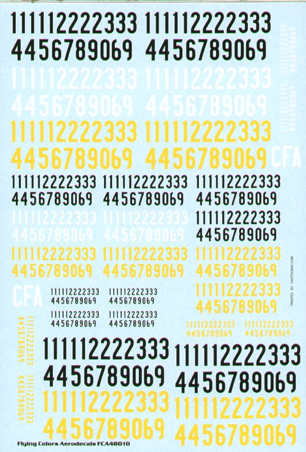 Flying Colors Aero FCA48010 1:48 Swedish Air Force Thick Numerals 1935-63 in Black, Yellow & White 3 Sizes