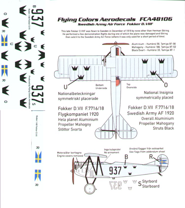 Flying Colors Aero FCA48106 1:48 Fokker D.VIIIF No 937 Swedish Army Air Force