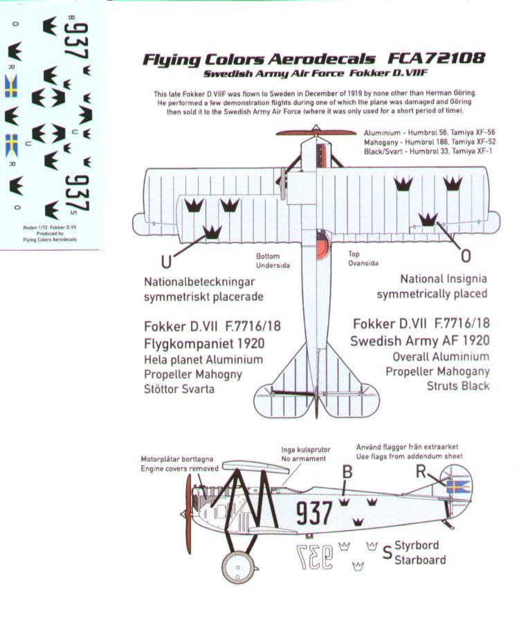 Flying Colors Aero FCA72108 1:72 Fokker D.VIIIF No 937 Swedish Army Air Force