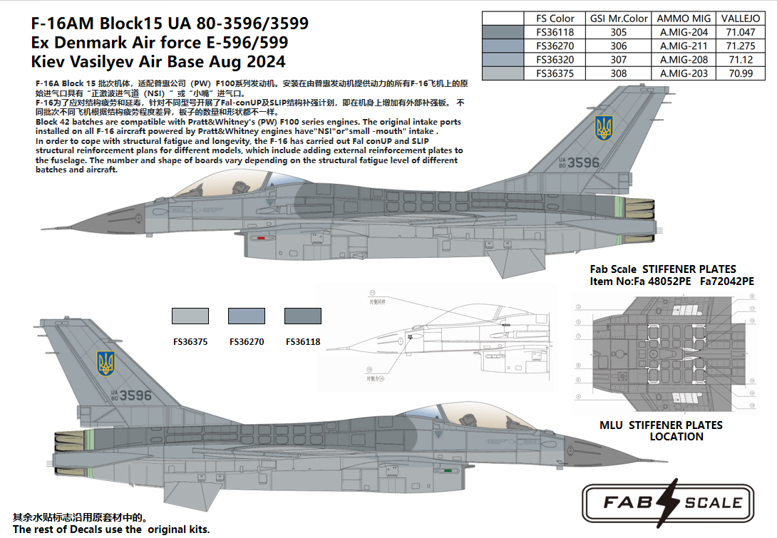 FabScale Studio FD48014 1:48 Ukraine AF F-16AM Block 15 w/ Terma PIDS+ Pylons Kiev Vasilyev Air Base Aug 2024 (designed to be used with Academy, Hasegawa, Italeri, Kinetic Model, Revell and Tamiya kits)