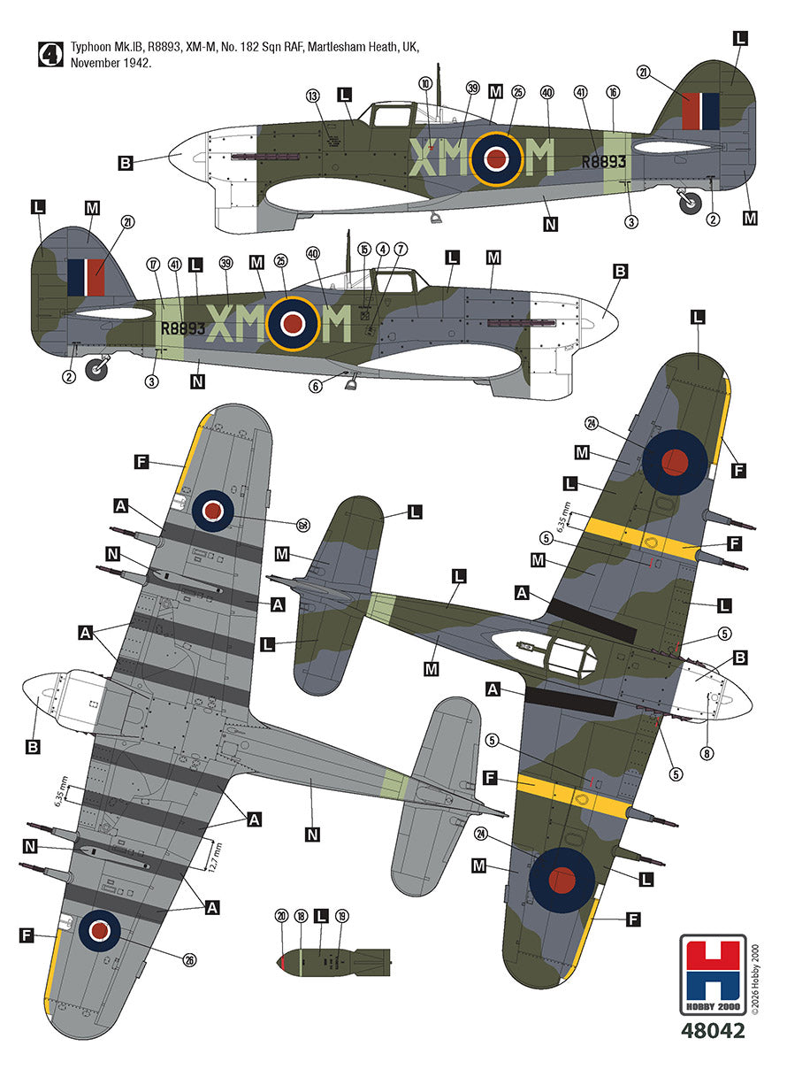 Hobby 2000 48042 1:48 Hawker Typhoon Mk. IB 'Car Door' 1942 Hasegawa + Cartograf + Masks