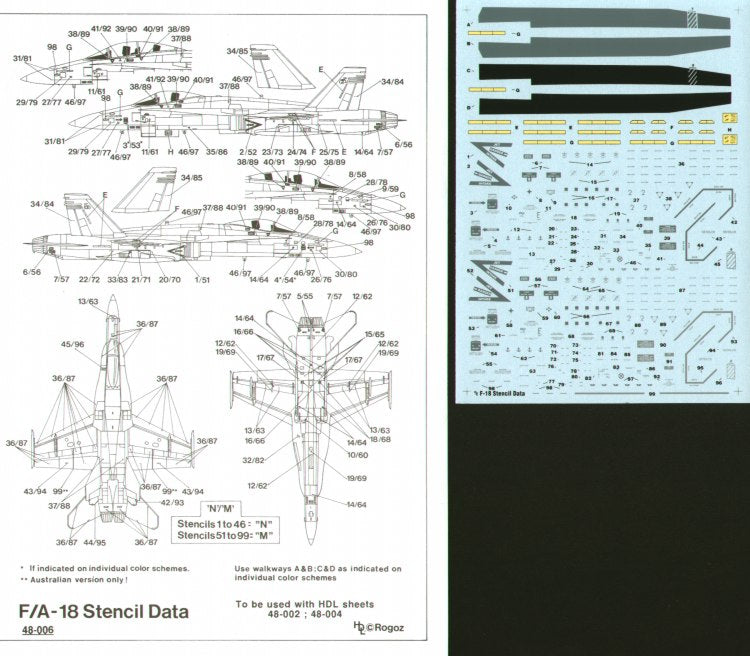 Hi Decal 48006 1:48 McDonnell-Douglas F/A-18 Hornet Stencil Data. Data, Walkways, Formation Lights for two aircraft